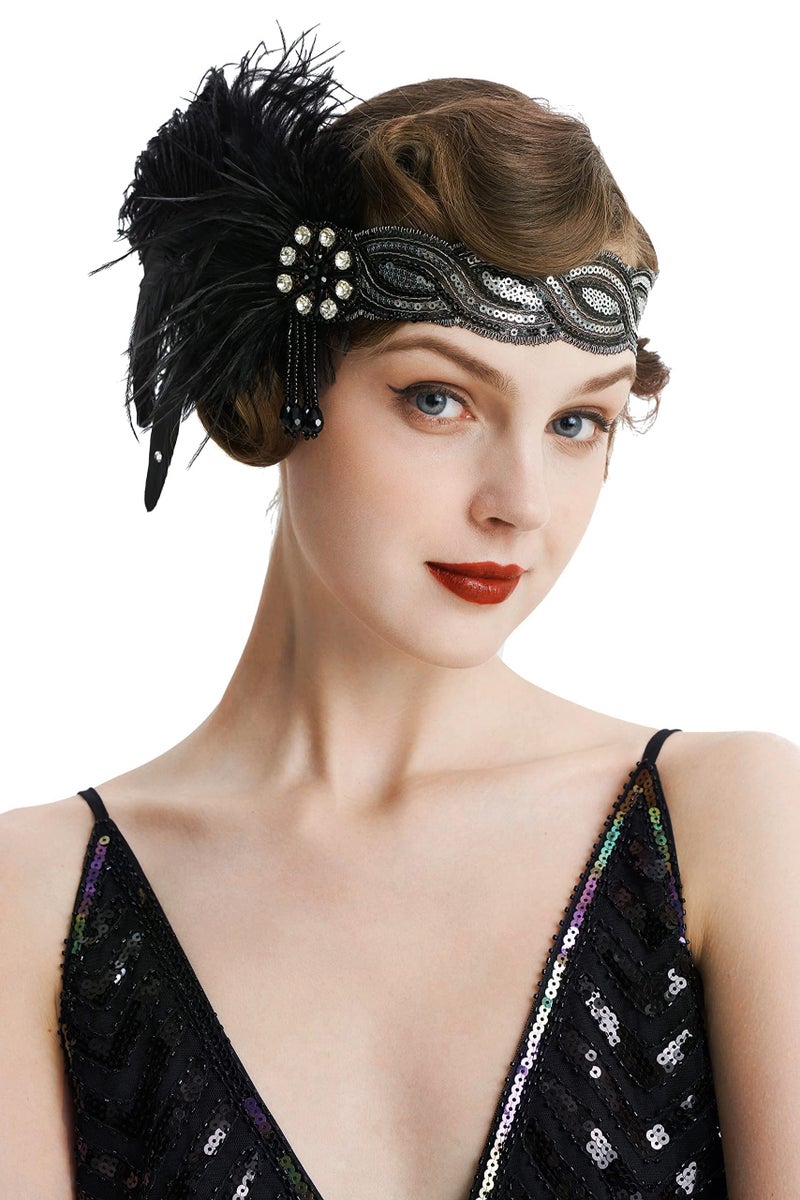 BABEYOND 1920s Flapper Headband Roaring 20s Headpiece Gatsby Ostrich Feather Headpiece with Crystal - Image 1